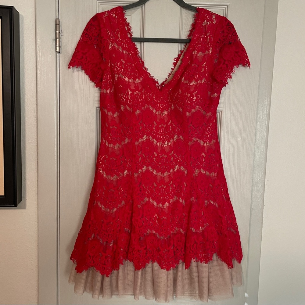 Betsy And Adam Red Lace And Tulle Women’s Petite 8 Fit And Flare